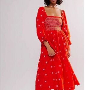 Free PeopleFree People Dahlia Embroidered Maxi Dress/ Red Floral Midi Dress